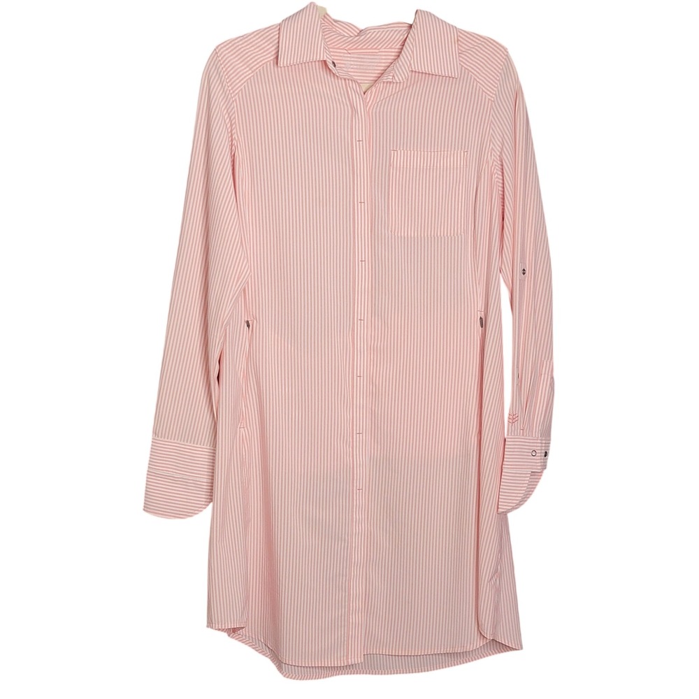 Coolibar Striped Shirt Dress S Pink UPF 50+ Sun Protection Roll Tab Sleeve Beach